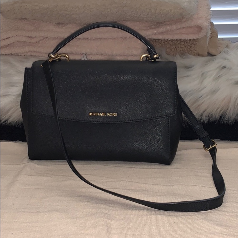 Michael Kors Black Saffiano Leather Top-Handle Satchel with Gold Hardware
